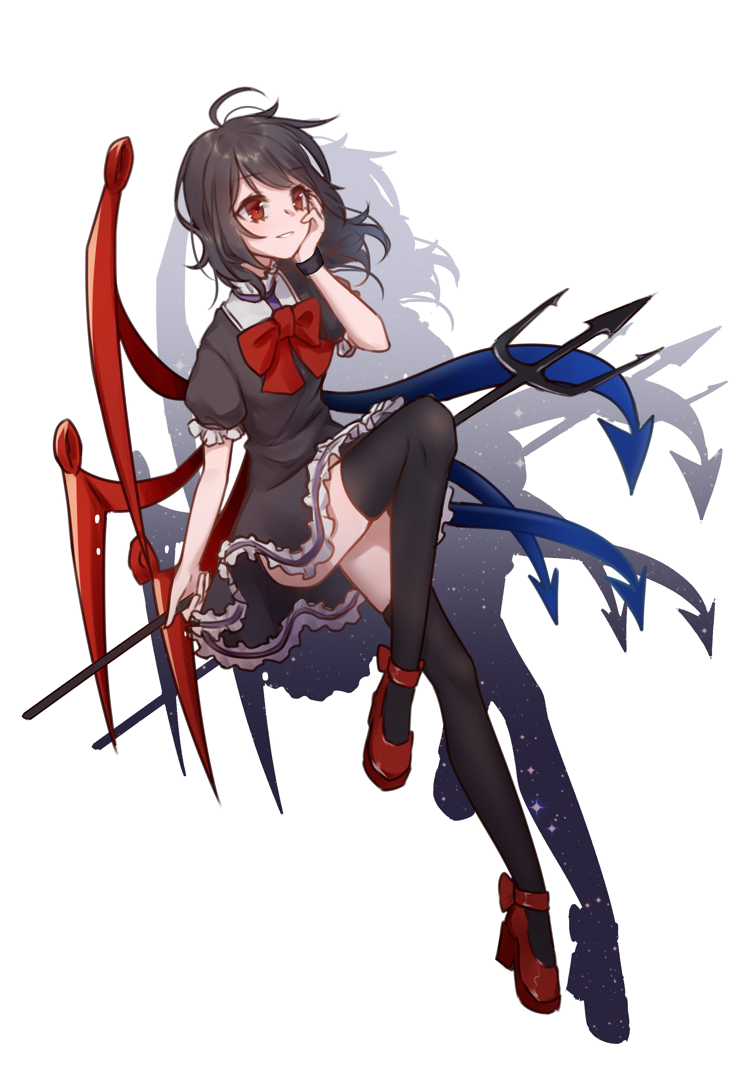 murasaki satori, houjuu nue, touhou, absurdres, chinese commentary, highres, 1girl, antenna hair, asymmetrical wings, black dress, black hair, black thighhighs, black wrist cuffs, blue wings, boots, bow, chest bow, collared dress, dress, drop shadow, flat chest, floating hair, frilled dress, frilled sleeves, frills, hand on own cheek, hand on own face, high collar, high heel boots, high heels, long hair, looking ahead, messy hair, parted lips, red boots, red bow, red eyes, red wings, short dress, short sleeves, simple background, single wrist cuff, smile, solo, swept bangs, thighhighs, white background, wings, wrist cuffs