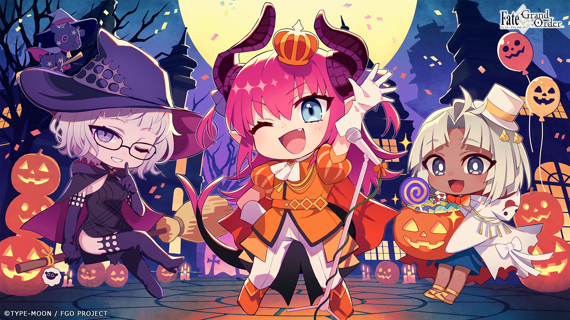 elizabeth bathory (fate), jacques de molay (foreigner) (fate), tutankhamun (fate), fate/grand order, fate (series), highres, official art, second-party source, 1boy, 2girls, ascot, balloon, blue eyes, blush, bow, bowtie, broom, broom riding, candle, chibi, chibi only, cloak, confetti, crown, dragon girl, dragon horns, dragon tail, dress, fang, full body, full moon, ghost costume, glasses, gloves, grey eyes, halloween, halloween costume, hat, holding, holding pumpkin, hood, hooded cloak, hooded robe, horns, jack-o'-lantern, large hat, long hair, looking at viewer, mini crown, moon, multiple girls, night, night sky, one eye closed, open mouth, outdoors, pants, pink hair, pointy ears, pumpkin, purple eyes, robe, shirt, shoes, short hair, shorts, sidesaddle, sky, smile, standing, tail, white hair, witch, witch hat