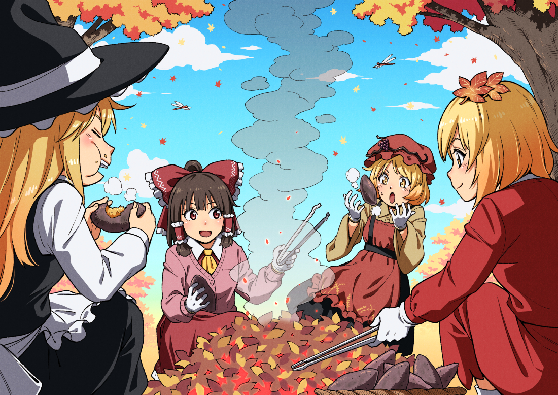 inuno rakugaki, aki minoriko, aki shizuha, hakurei reimu, kirisame marisa, touhou, 4girls, black dress, blonde hair, blush, brown hair, cooking, dress, eating, food, hair ribbon, leaf, long hair, multiple girls, open mouth, pink sweater, red dress, red eyes, red ribbon, ribbon, roasted sweet potato, short hair, sky, smile, sweater, sweet potato, yellow eyes