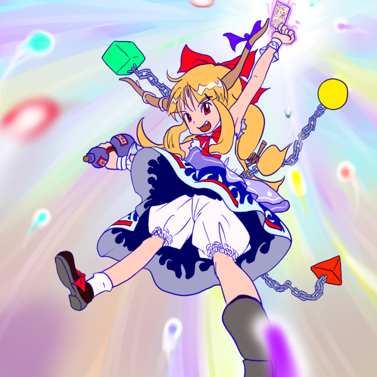 i.n.k.m., ibuki suika, touhou, bad id, bad pixiv id, 1girl, blonde hair, bloomers, chain, fang, female focus, horns, long hair, red eyes, ribbon, solo, spell card, underwear