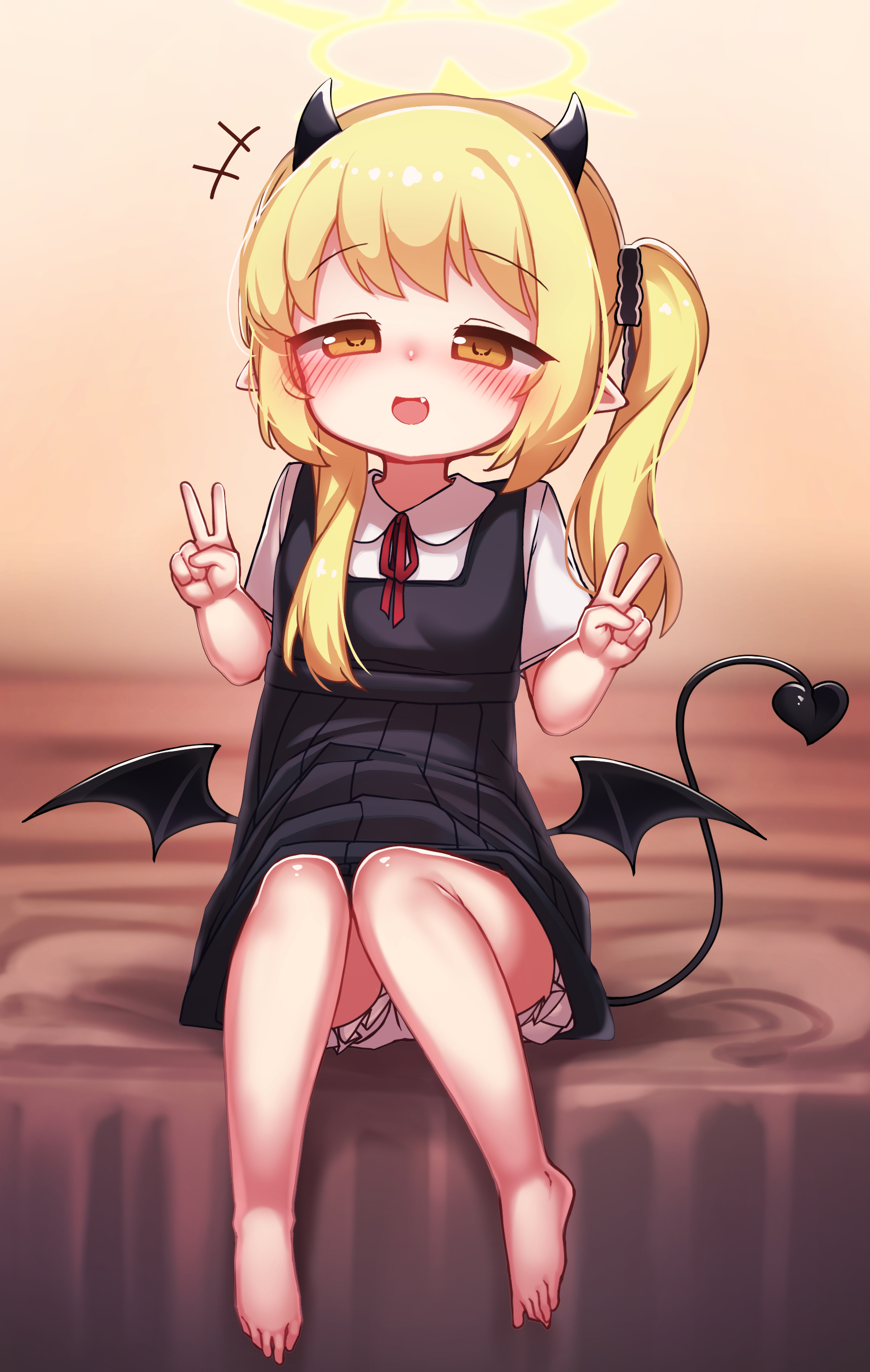 mochikushi, ibuki (blue archive), blue archive, absurdres, highres, 1girl, barefoot, black dress, black tail, blonde hair, bloomers, blush, demon horns, demon tail, demon wings, double v, dress, halo, horns, long hair, open mouth, pinafore dress, pointy ears, shirt, side ponytail, sleeveless, sleeveless dress, solo, tail, underwear, v, white shirt, wings, yellow halo