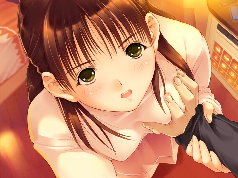 shiera, tony taka, morishita mayu, ai no katachi, game cg, 1girl, blush, breasts, brown hair, grabbing another's breast, green eyes, groping, guided breast grab, guiding hand, long hair, looking up, open mouth, pov, solo focus