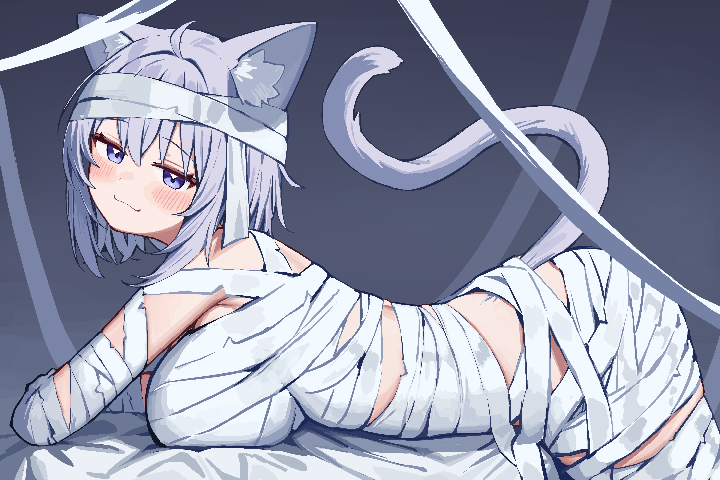 deaver, nekomata okayu, hololive, highres, 1girl, ahoge, animal ears, bandaged arm, bandaged head, bandaged leg, bandaged torso, bandages, bent over, blush, breasts, cat ears, cat girl, cat tail, closed mouth, large breasts, looking at viewer, medium hair, mummy costume, naked bandage, purple eyes, purple hair, purple tail, smile, solo, tail, thighs, virtual youtuber