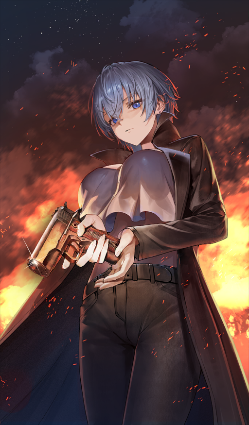 heirou, natalia kaminski, fate/grand order, fate/zero, fate (series), official art, 1girl, belt, black coat, black pants, blue eyes, breasts, coat, crop top, crop top overhang, grey hair, gun, large breasts, long sleeves, looking at viewer, midriff, pants, shirt, short hair, solo, weapon, white shirt
