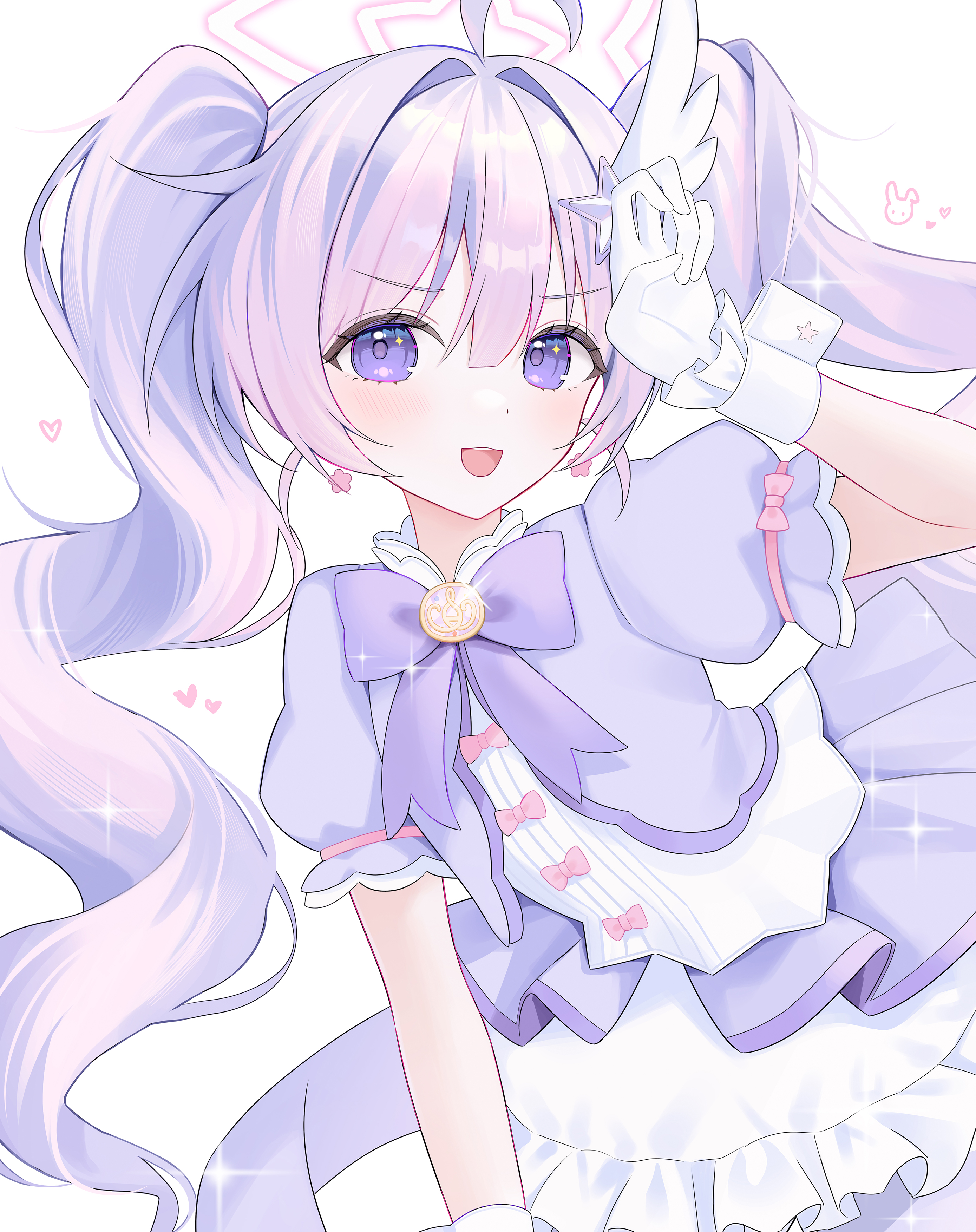 yagen (user mxur3238), reisa (blue archive), reisa (magical) (blue archive), blue archive, absurdres, highres, 1girl, gloves, halo, long hair, official alternate costume, purple eyes, purple hair, short sleeves, solo, twintails, white gloves