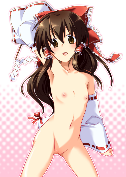 onemu, hakurei reimu, touhou, bad id, bad pixiv id, 1girl, armpits, blush, bow, brown eyes, brown hair, cowboy shot, detached sleeves, female focus, flat chest, gohei, hair bow, japanese clothes, long hair, miko, navel, nipples, nude, pussy, solo, uncensored