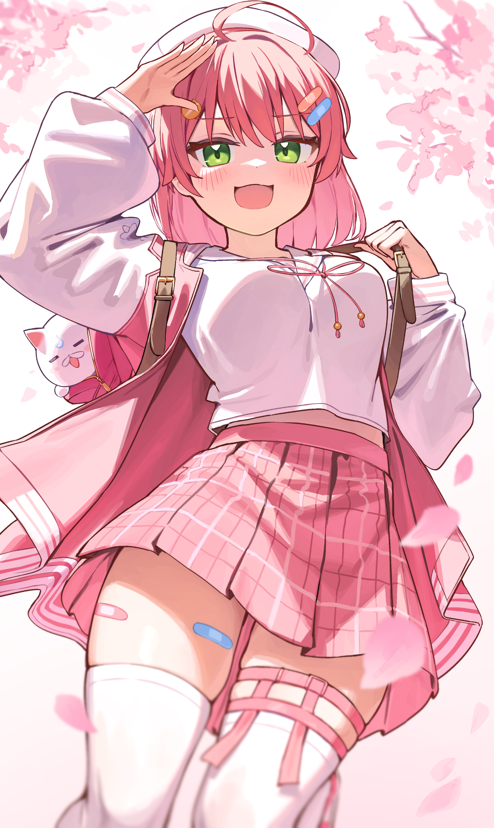 deaver, sakura miko, sakura miko (school uniform), hololive, absurdres, commentary, highres, 1girl, backpack, bag, bandaid on thigh, beret, blush, breasts, cat hair ornament, cherry blossoms, green eyes, hair ornament, hat, jacket, large breasts, long hair, long sleeves, looking at viewer, open mouth, pink bag, pink hair, pink jacket, pink skirt, plaid clothes, plaid skirt, pleated skirt, sailor collar, salute, school uniform, serafuku, skirt, smile, solo, thigh strap, thighhighs, thighs, virtual youtuber, white hat, white sailor collar, white serafuku, white thighhighs