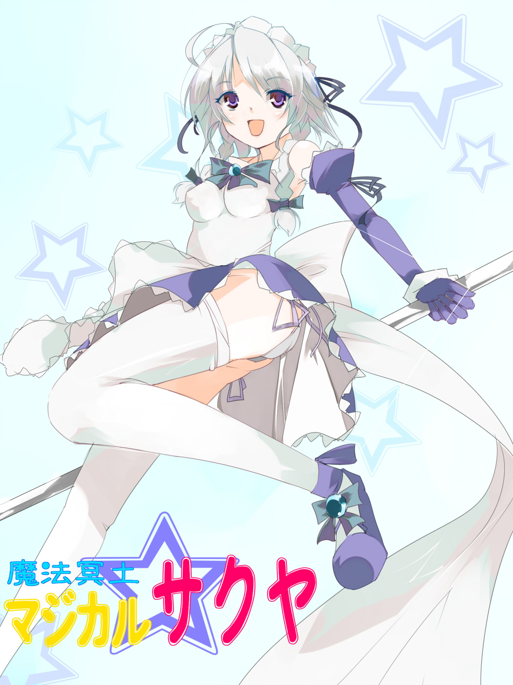 blaze (blazeillust), izayoi sakuya, touhou, silver hair, highres, 1girl, braid, female focus, magical girl, panties, short hair, side-tie panties, solo, thighhighs, twin braids, underwear, white thighhighs