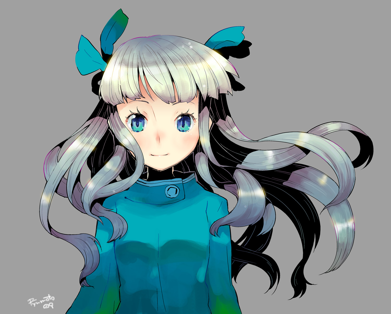 hamamoto ryuusuke, original, silver hair, highres, arms at sides, blue eyes, eyelashes, grey background, ribbon, simple background, solo, twintails, two side up