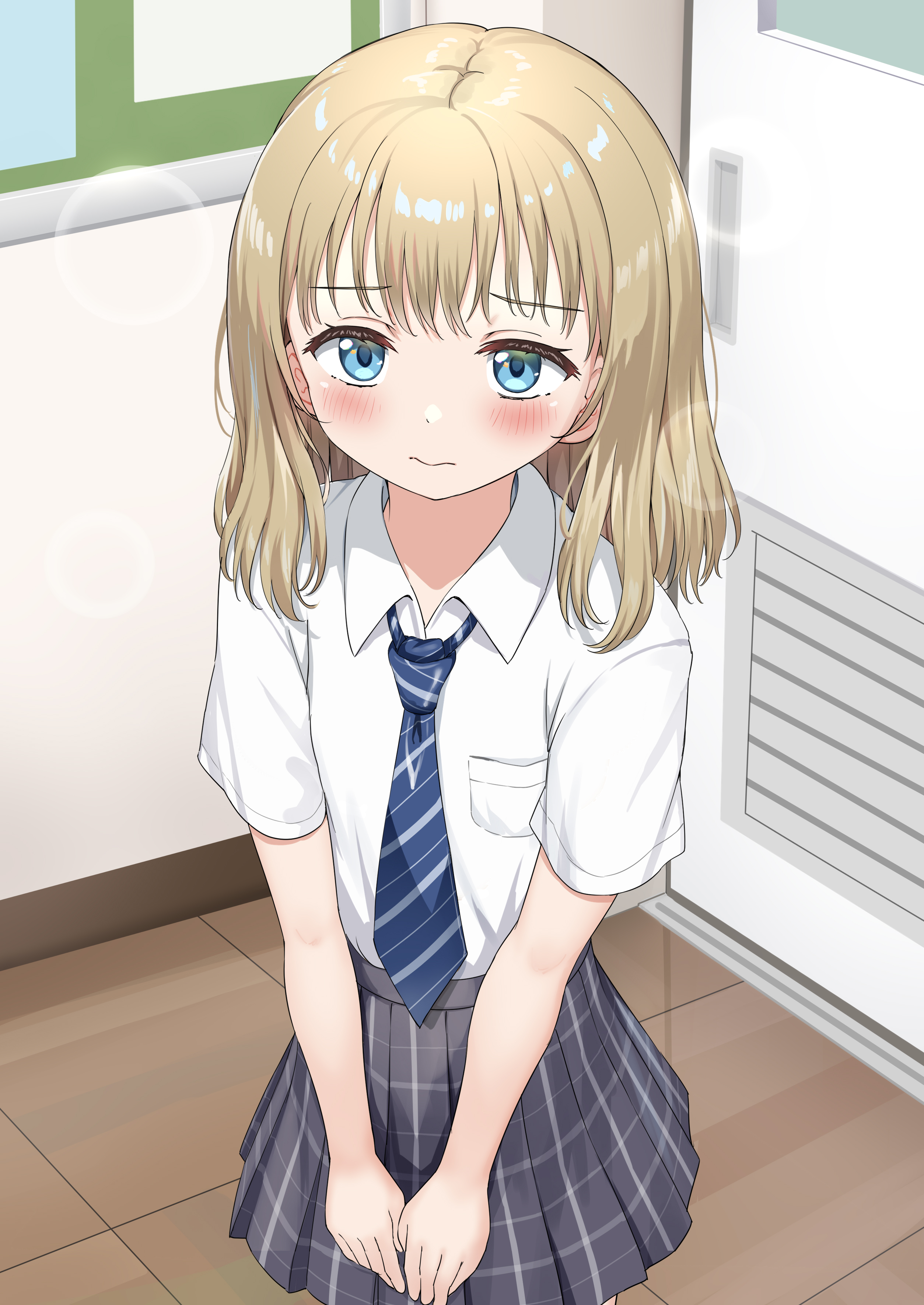 nedia (nedia region), original, absurdres, commentary request, highres, paid reward available, 1girl, black skirt, blonde hair, blue eyes, blue necktie, blush, breast pocket, closed mouth, collared shirt, diagonal-striped clothes, diagonal-striped necktie, indoors, medium hair, miniskirt, necktie, plaid clothes, plaid skirt, pocket, school uniform, shirt, short sleeves, skirt, solo, striped clothes, white shirt
