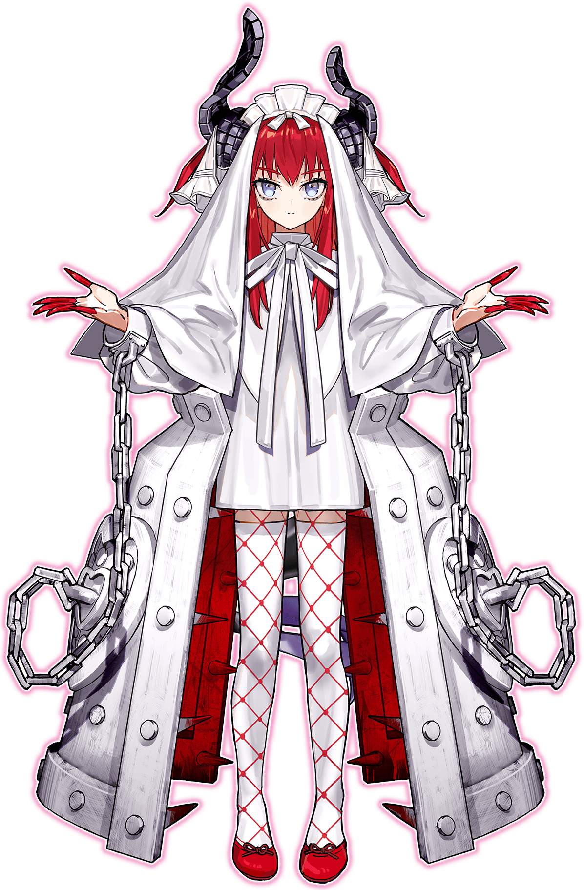 wada arco, elizabeth bathory (fate), fate/grand order, fate (series), highres, official art, second-party source, 1girl, blood, blue eyes, chain, colored fingertips, cuffs, dragon girl, dragon horns, dragon tail, dress, elizabeth bathory (avenger) (fate), fingernails, fishnets, fishnets over socks, full body, handcuffs, horns, iron maiden, long fingernails, long hair, looking at viewer, neck ribbon, outline, pink outline, red hair, red shoes, ribbon, shoes, solo, standing, tachi-e, tail, thighhighs, transparent background, veil, white dress, white headdress, white ribbon, white thighhighs, white veil, zettai ryouiki