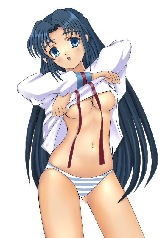 kouhei (sxmas), asakura ryoko, suzumiya haruhi no yuuutsu, 00s, 1girl, blue eyes, blue hair, breasts, clothes lift, female focus, long hair, matching hair/eyes, panties, shirt lift, solo, striped clothes, striped panties, underwear