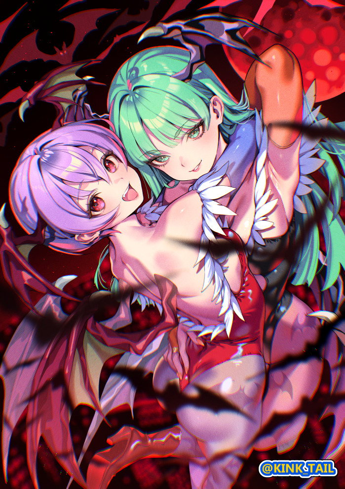 kink (tortoiseshell), lilith (darkstalkers), morrigan aensland, darkstalkers, commentary request, 2girls, animal print, arm behind head, armpits, artist name, bare shoulders, bat print, black leotard, breasts, cleavage, elbow gloves, fang, gloves, green eyes, green hair, grey pantyhose, grin, head wings, highleg, highleg leotard, hug, large breasts, leotard, long hair, looking at viewer, multiple girls, open mouth, orange gloves, orange nails, pantyhose, print pantyhose, purple gloves, purple hair, purple pantyhose, purple wings, red eyes, red leotard, red shoes, red wings, shoes, short hair, smile, strapless, strapless leotard, wings
