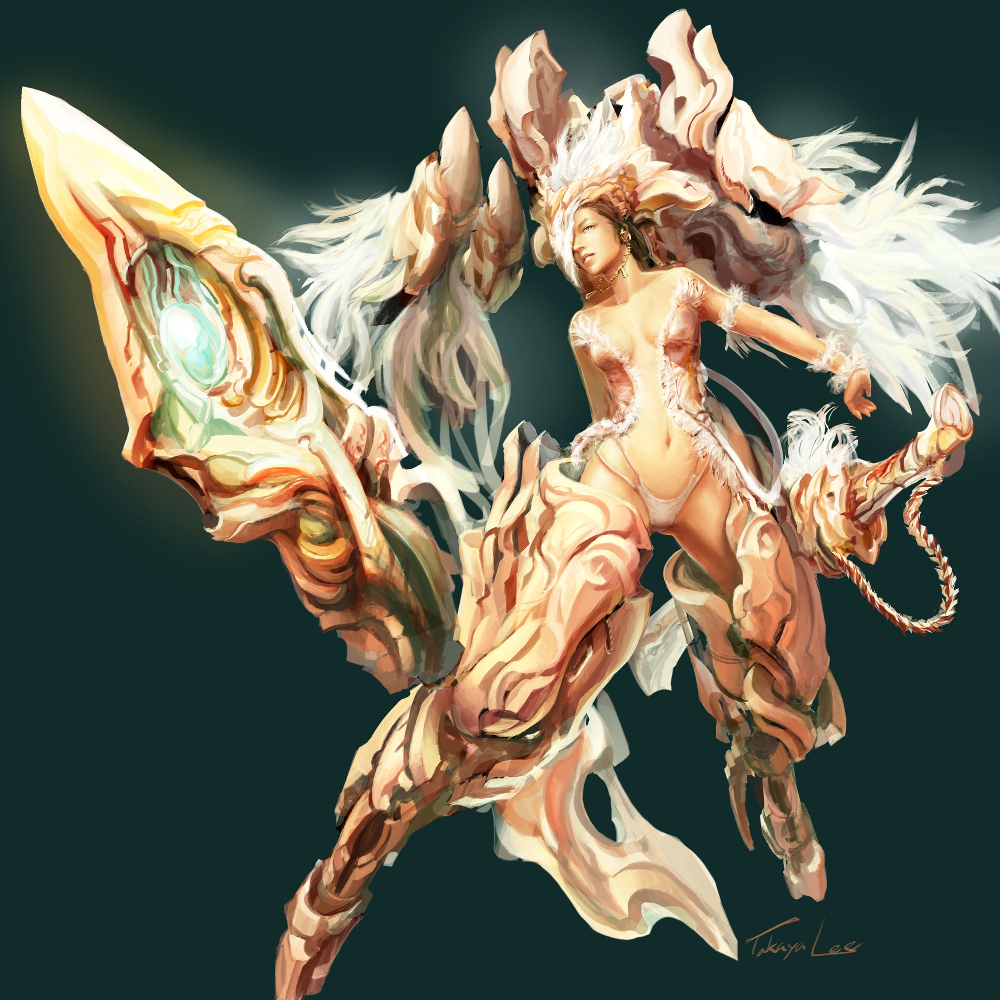 takaya lee, highres, armor, bare shoulders, brown hair, earrings, jewelry, navel, panties, solo, sword, underwear, weapon, white panties, wings