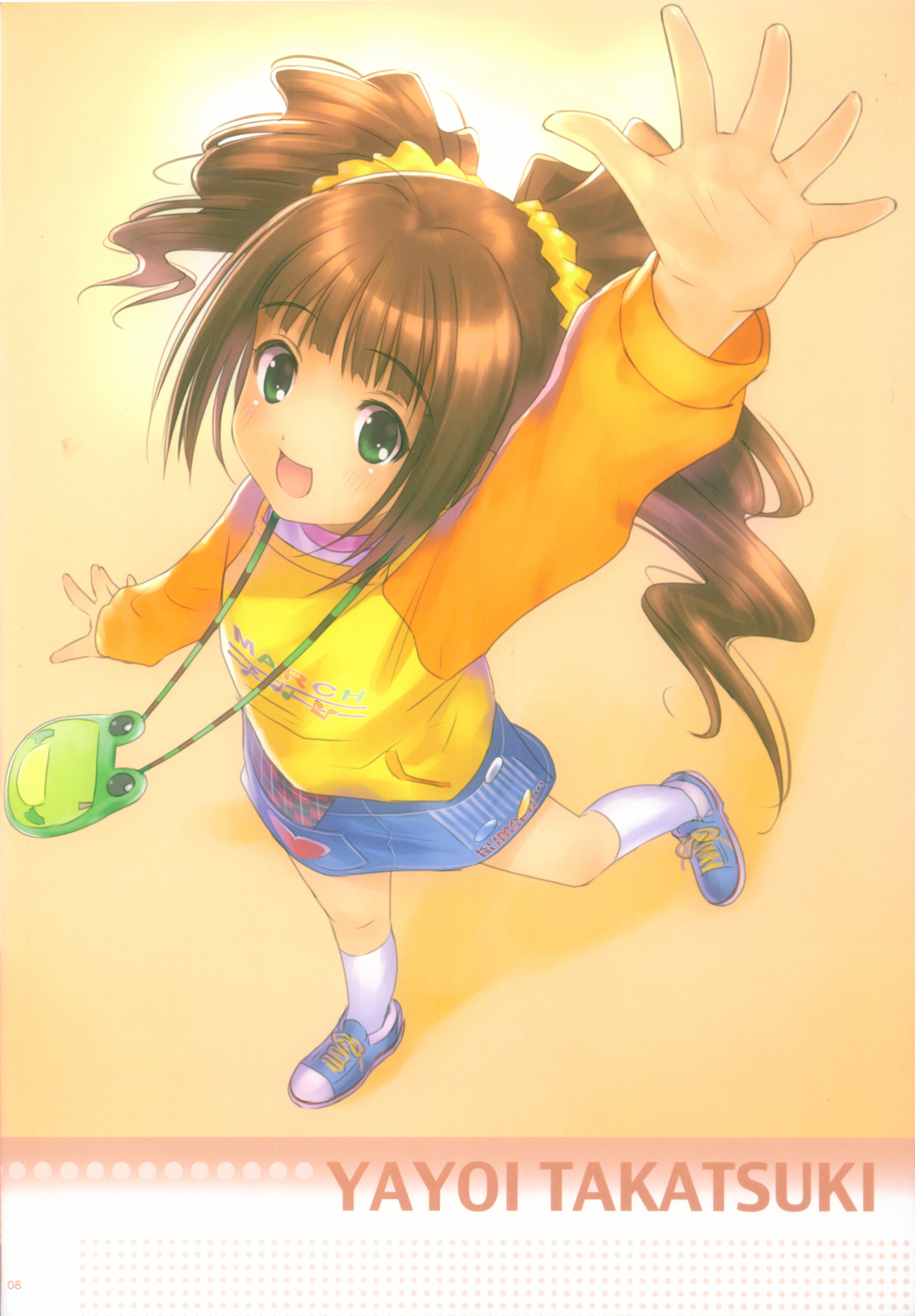 goto p, takatsuki yayoi, idolmaster, idolmaster (classic), idolmaster 1, absurdres, highres, 00s, 1girl, bag, brown hair, child, female focus, foreshortening, from above, green eyes, handbag, looking up, open mouth, outstretched arm, outstretched hand, raglan sleeves, reaching, skirt, smile, socks, solo, twintails