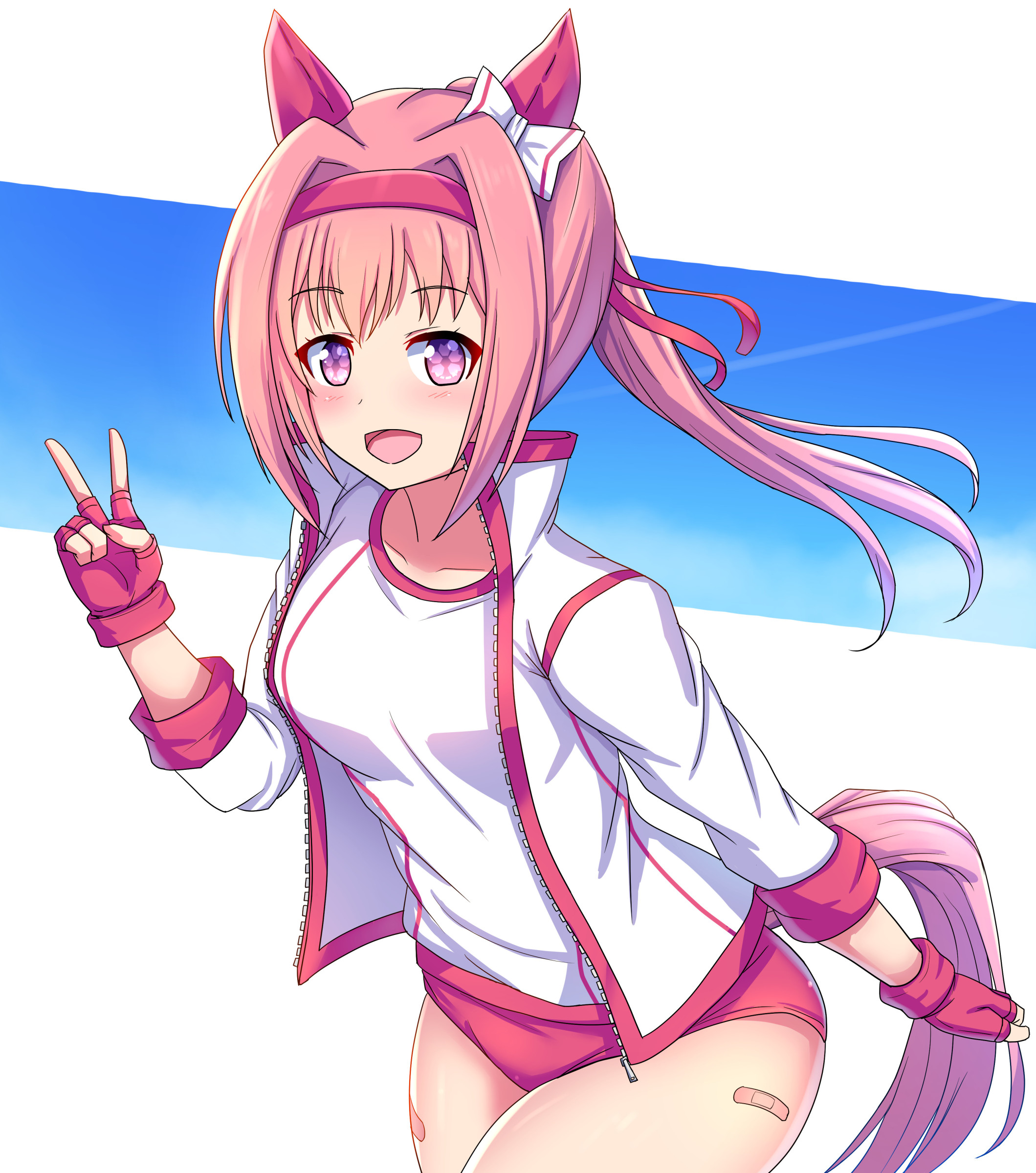 volk (bo-tan), haru urara (bestest prize) (umamusume), haru urara (umamusume), umamusume, absurdres, highres, textless version, 1girl, animal ears, bandaid, bandaid on leg, blush, bow, breasts, buruma, ear bow, ear covers, fingerless gloves, flower-shaped pupils, flower in eye, gloves, hairband, headband, horse ears, horse girl, horse tail, jacket, long hair, looking at viewer, open clothes, open jacket, open mouth, pink buruma, pink eyes, pink hair, pink headband, ponytail, red buruma, red gloves, red headband, shirt, smile, solo, symbol-shaped pupils, symbol in eye, tail, thighs, v, white jacket, white shirt