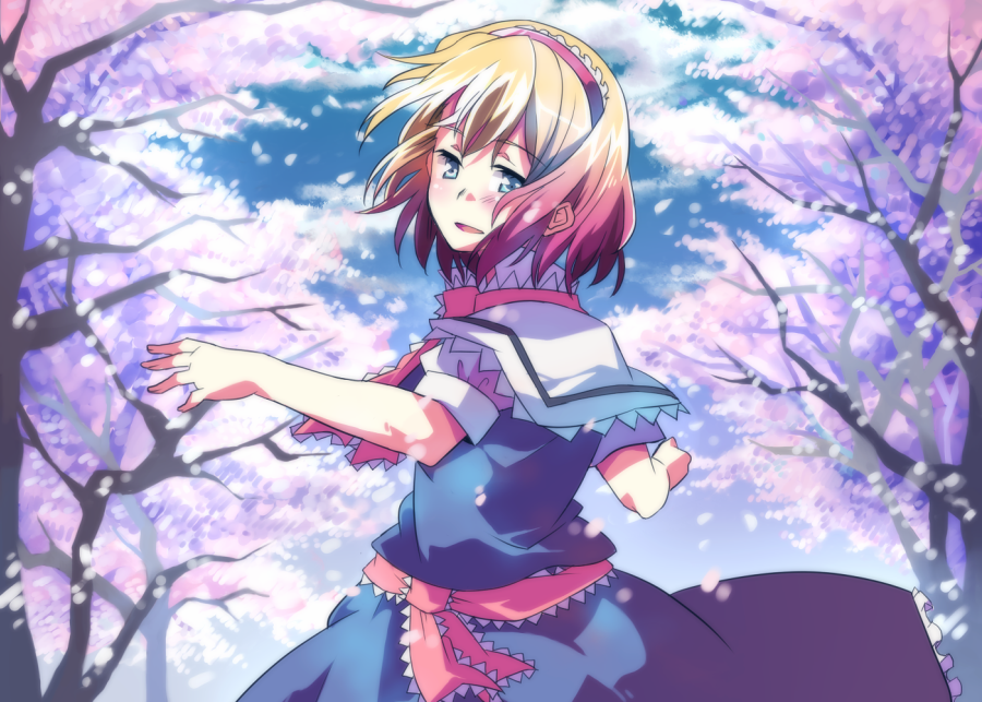 kimino tomonari, alice margatroid, touhou, 1girl, blonde hair, blue eyes, blush, cherry blossoms, female focus, hairband, looking back, outdoors, plant, ribbon, short hair, sky, solo, standing, tree