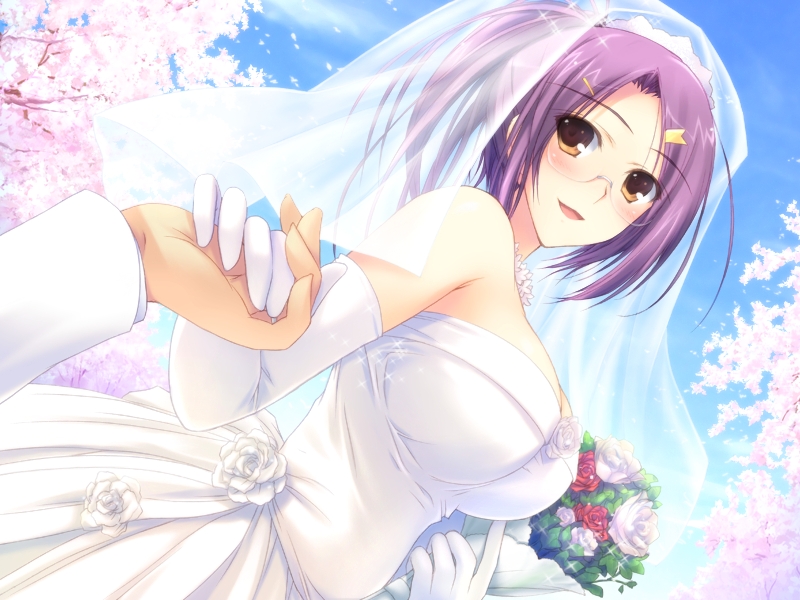 tomose shunsaku, kurosaki shigure, alice soft, double teacher life, game cg, 1girl, blush, bouquet, breasts, bridal veil, bride, dress, elbow gloves, female focus, flower, glasses, gloves, holding hands, large breasts, ponytail, purple hair, smile, solo, solo focus, veil, wedding, wedding dress, yellow eyes