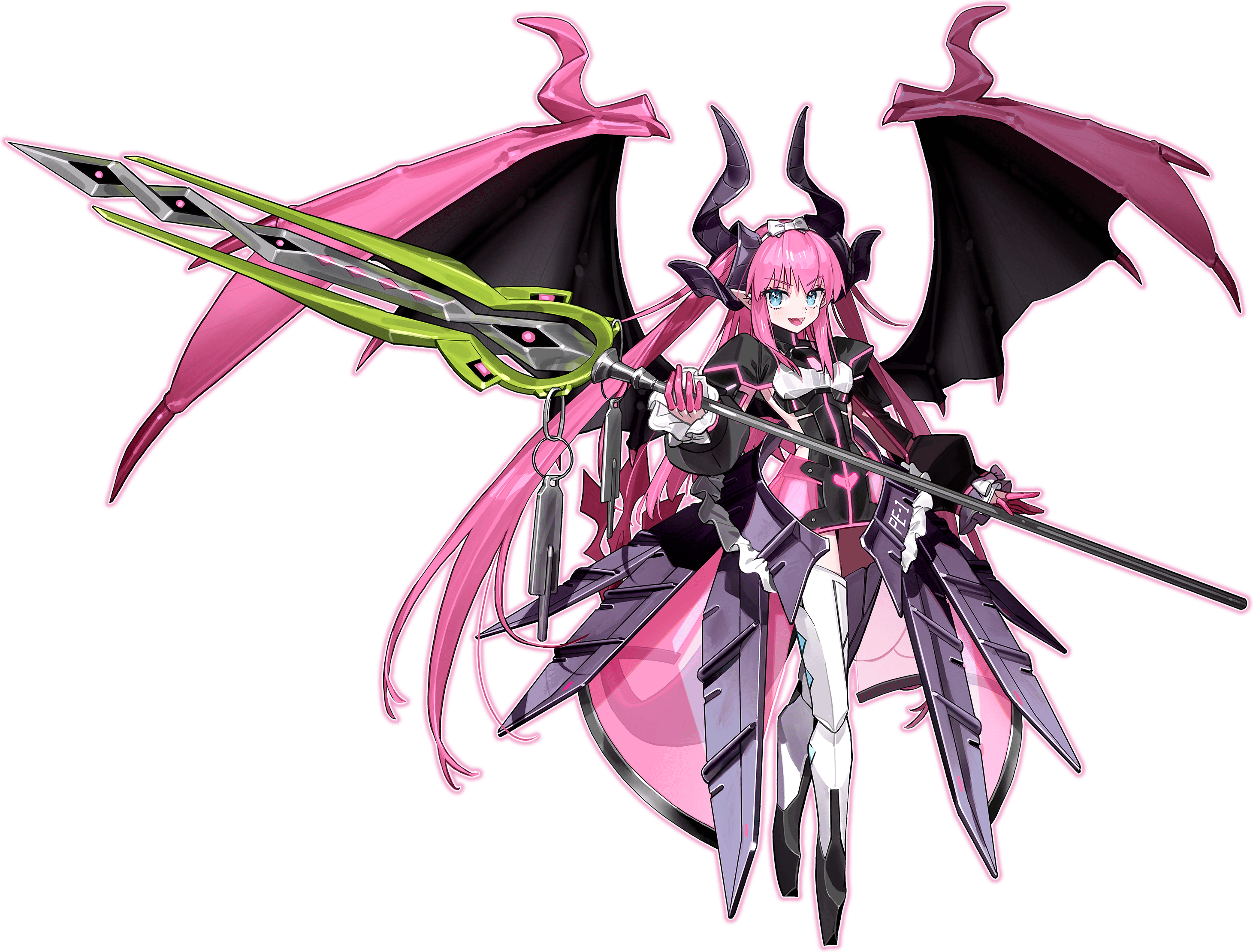 wada arco, elizabeth bathory (fate), fate/grand order, fate (series), highres, official art, second-party source, 1girl, armor, black dress, blue eyes, boots, bow hairband, breastplate, clothing cutout, colored fingertips, dragon girl, dragon horns, dragon tail, dragon wings, dress, elizabeth bathory (perfect) (fate), faulds, frills, full body, hairband, holding, holding polearm, holding weapon, horns, long hair, long sleeves, looking at viewer, open mouth, outline, pink hair, pink outline, pointy ears, polearm, smile, solo, spear, standing, tachi-e, tail, thigh boots, thighhighs, transparent background, two side up, very long hair, weapon, white hairband, wings, zettai ryouiki