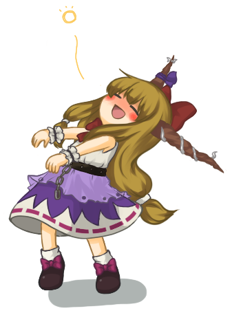 pentagon (uzus), ibuki suika, touhou, bad id, bad pixiv id, lowres, 1girl, blush, brown hair, closed eyes, drunk, female focus, horns, long hair, solo, wrist cuffs