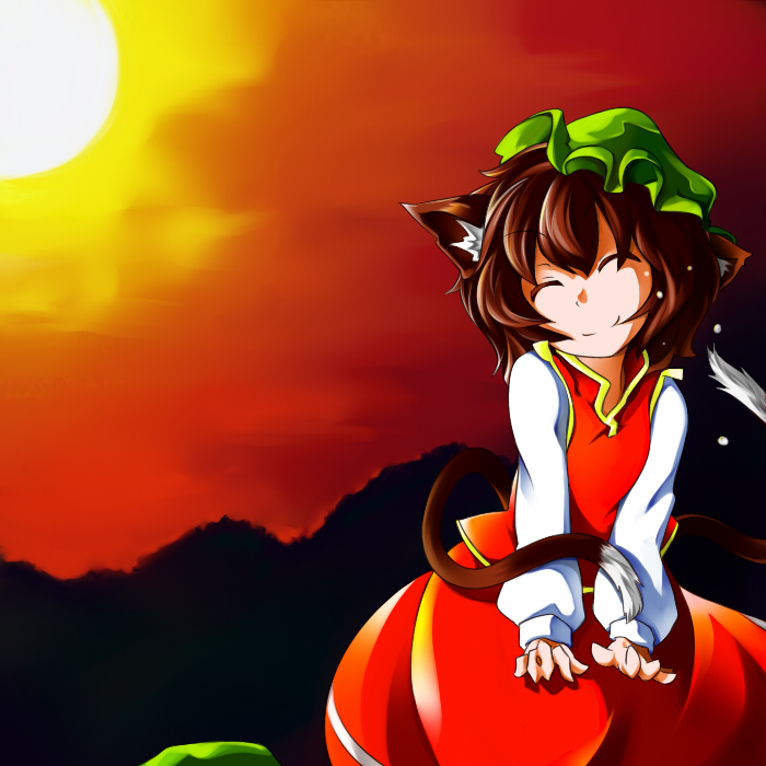 amagi xx, amaki someichi, chen, touhou, 1girl, ^ ^, animal ears, brown hair, cat ears, cat girl, cat tail, closed eyes, female focus, hat, multiple tails, short hair, smile, solo, tail