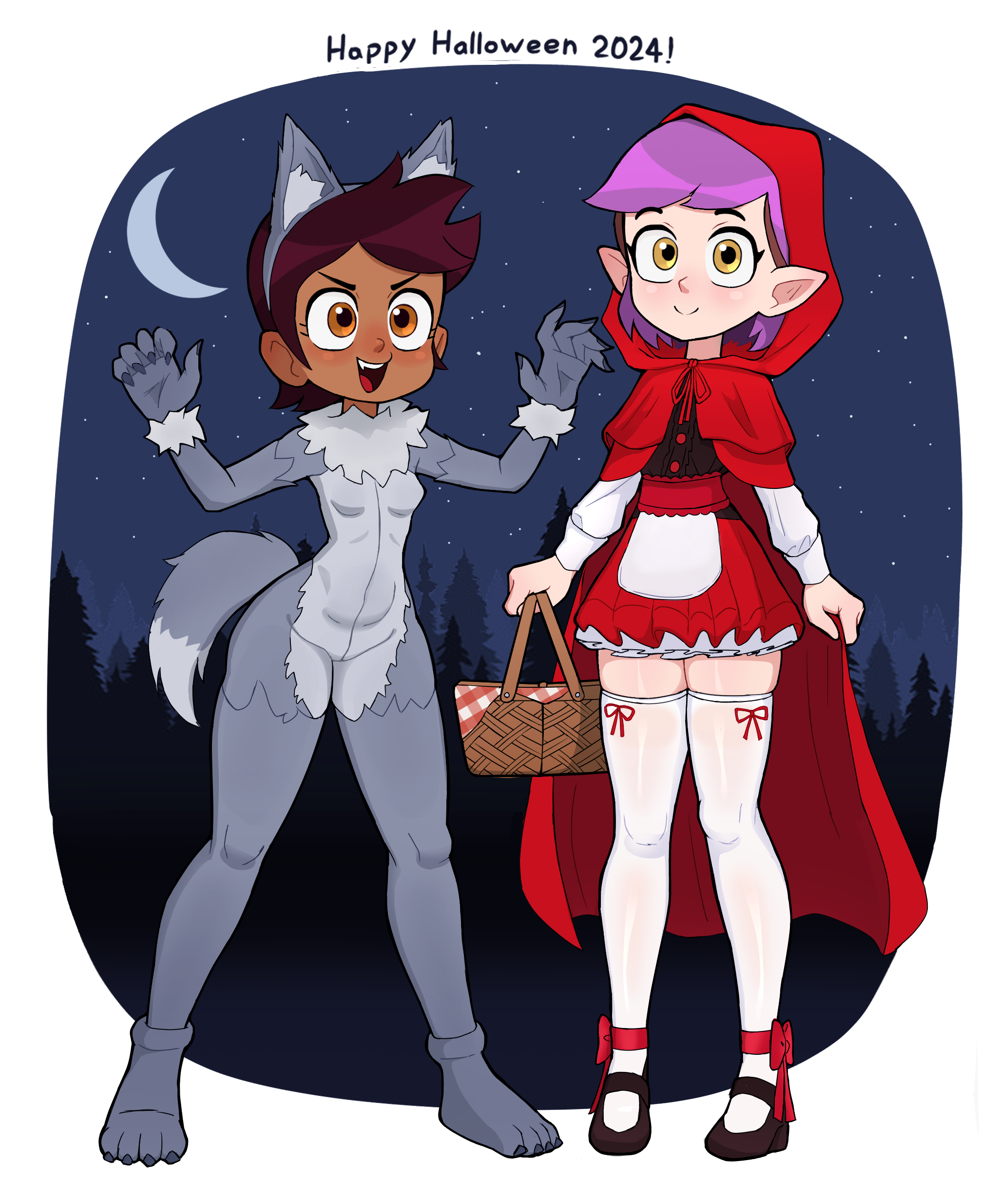 rukisan(pixiv), amity blight, big bad wolf, little red riding hood (fairy tale character), luz noceda, disney, little red riding hood (fairy tale), the owl house, 2024, 20s, 2girls, animal costume, animal ears, ankle bow, ankle ribbon, basket, big bad wolf (cosplay), black shirt, black shoes, blush, bodysuit, bow, breasts, brown eyes, brown hair, cape, claws, cosplay, crescent moon, dark skin, fake animal ears, fake tail, forest, fur-trimmed gloves, fur trim, gloves, grey bodysuit, grey gloves, grey shoes, halloween, halloween costume, holding, holding basket, hood, hooded cape, little red riding hood (fairy tale character) (cosplay), long sleeves, looking at viewer, mary janes, moon, multicolored hair, multiple girls, nature, night, night sky, open mouth, paw shoes, pointy ears, purple hair, red bow, red cape, red skirt, ribbon, shirt, shoes, short hair, skirt, sky, small breasts, smile, standing, star (sky), starry sky, tail, teeth, thighhighs, tree, two-tone hair, white thighhighs, wolf costume, wolf ears, wolf girl, wolf tail, yellow eyes