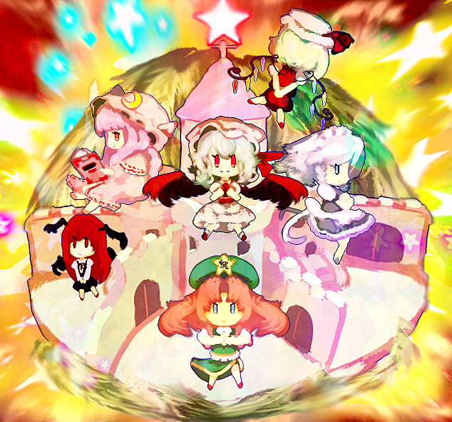 yoshioka yoshiko, flandre scarlet, hong meiling, izayoi sakuya, koakuma, patchouli knowledge, remilia scarlet, embodiment of scarlet devil, touhou, silver hair, bad id, bad pixiv id, 6+girls, blonde hair, chibi, china dress, chinese clothes, demon girl, dress, female focus, frills, from side, hat, head wings, long hair, looking at viewer, maid headdress, mob cap, multiple girls, profile, red eyes, side ponytail, very long hair, wings