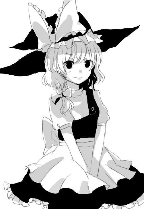 usagiho, kirisame marisa, touhou, bad id, bad pixiv id, 1girl, female focus, greyscale, hat, monochrome, simple background, solo, witch, witch hat