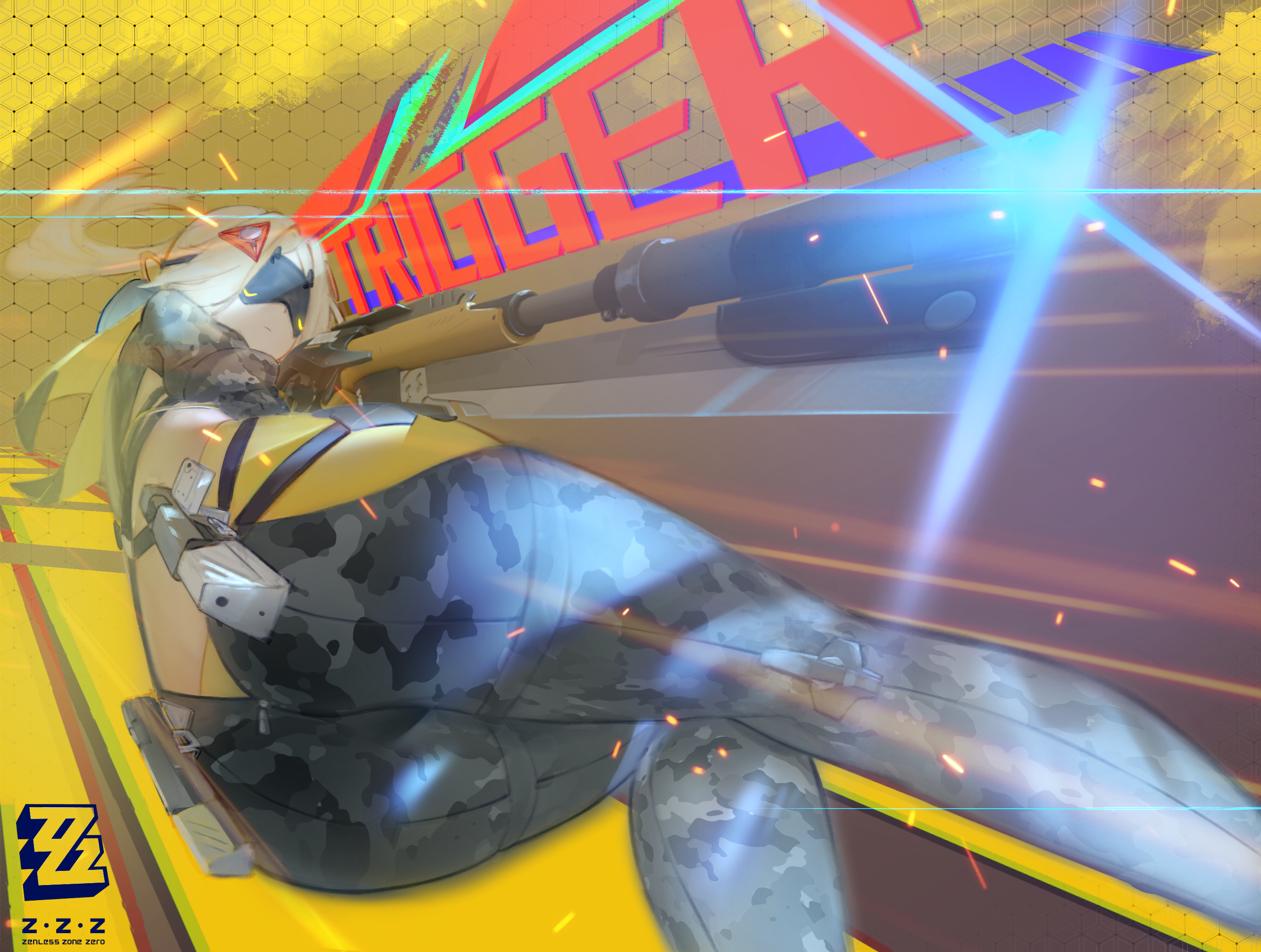 trigger (zenless zone zero), zenless zone zero, commentary, commentary request, english commentary, highres, partial commentary, 1girl, ass, black pants, blindfold mask, blonde hair, camouflage, camouflage jacket, camouflage pants, character name, closed mouth, covered eyes, glowing mask, gun, gunblade, hair ornament, holding, holding weapon, honeycomb (pattern), honeycomb background, jacket, latex pants, long hair, lying, mask, on side, pants, ponytail, rifle, sniper rifle, solo, sparkle, taoningtt, tight clothes, tight pants, triangle hair ornament, weapon, yellow background, zipper pull tab