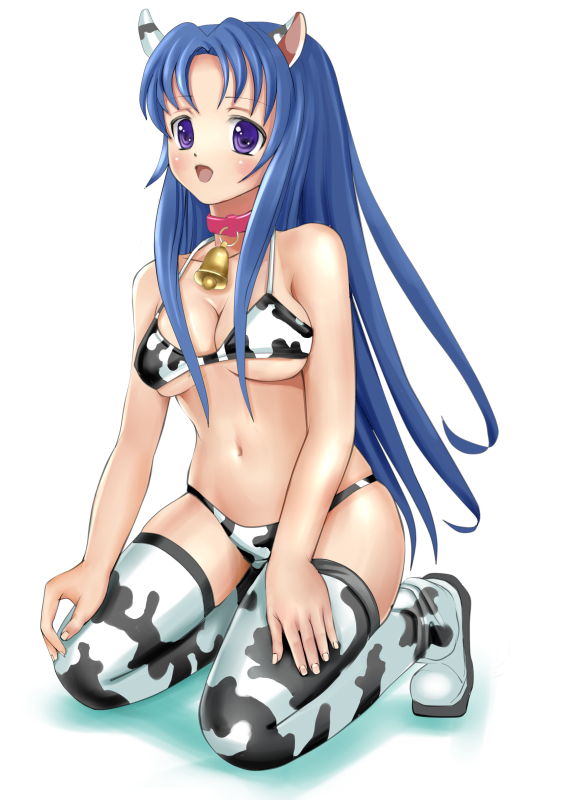 kouhei (sxmas), kawashima ami, toradora!, 00s, 1girl, animal ears, animal print, bell, bikini, blue eyes, blue hair, breasts, cow girl, cow print, cowbell, female focus, horns, large breasts, long hair, matching hair/eyes, solo, swimsuit, thighhighs