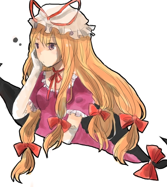 usagiho, yakumo yukari, touhou, bad id, bad pixiv id, 1girl, blonde hair, dress, elbow gloves, female focus, gap (touhou), gloves, hat, long hair, simple background, solo, white background