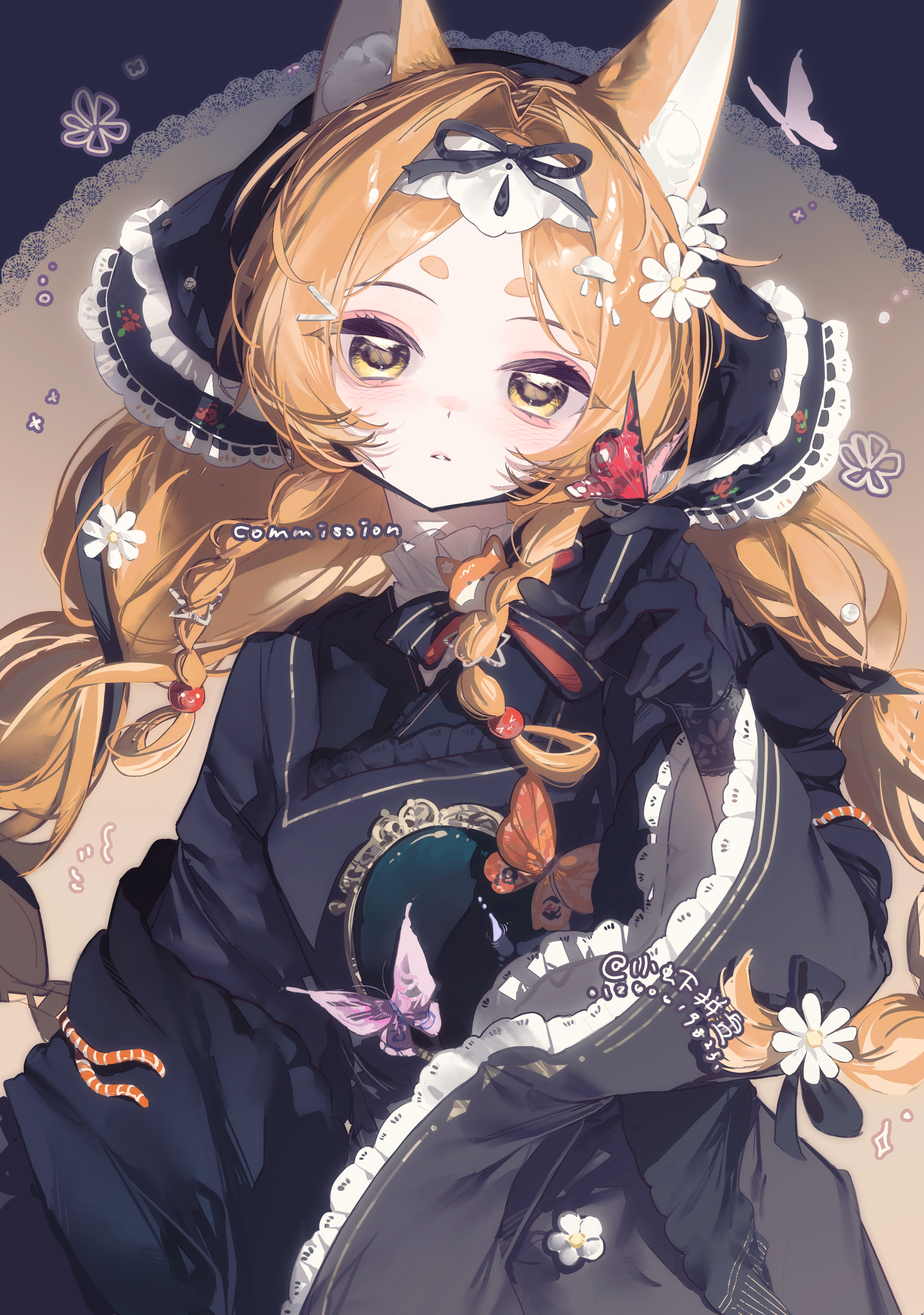 original, absurdres, highres, 1girl, animal ear fluff, animal ears, artist name, black dress, black gloves, black ribbon, blush, braid, dress, fox ears, fox girl, frilled sleeves, frills, gloves, hair intakes, hair ornament, hair ribbon, hand up, long hair, looking at viewer, orange hair, parted bangs, parted lips, ribbon, solo, thick eyebrows, twin braids, upper body, wide sleeves, xiao xia pin pan, yellow eyes