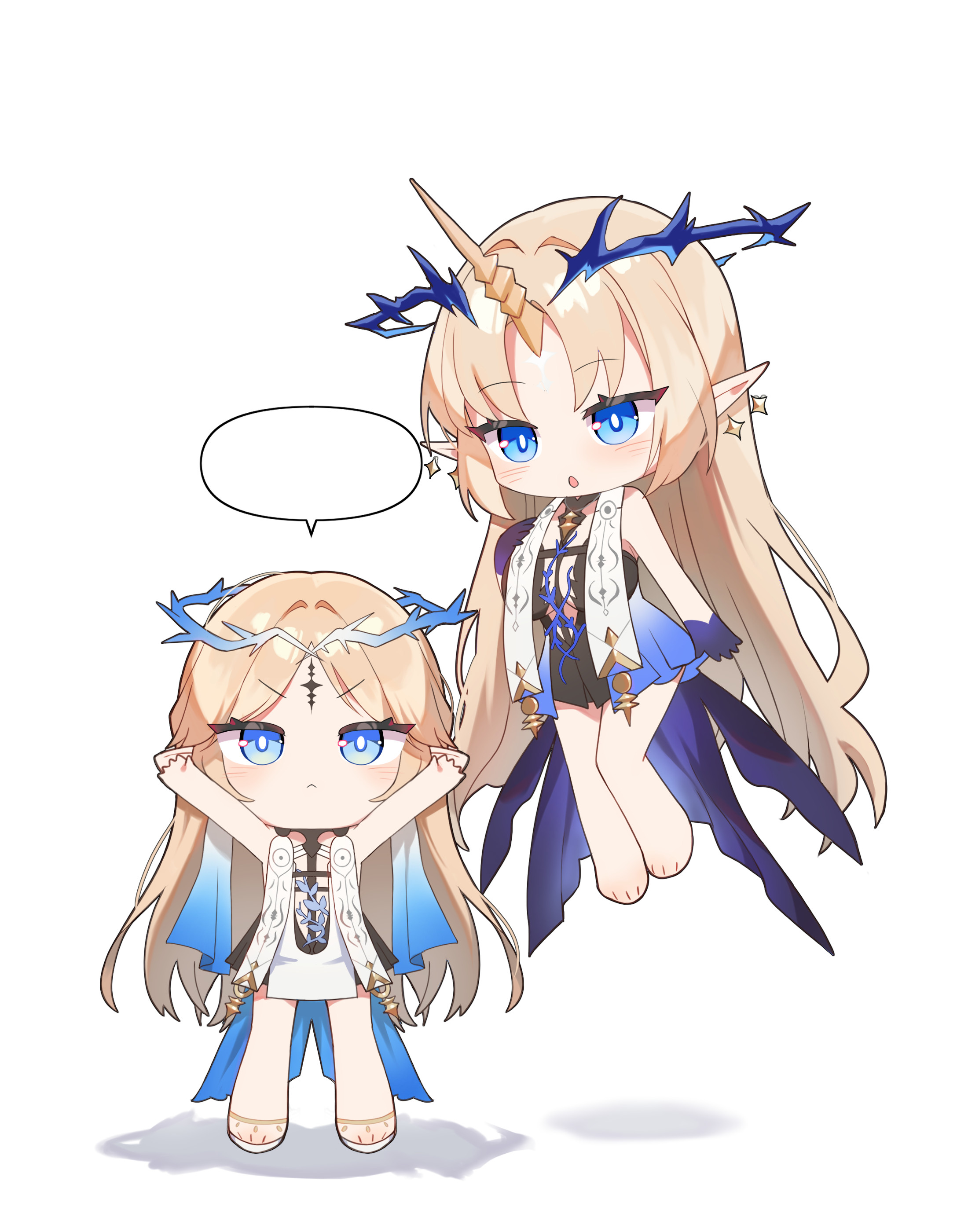 axokim, cartethyia (wuthering waves), fleurdelys (wuthering waves), wuthering waves, absurdres, commentary request, highres, korean commentary, 2girls, :<, :o, arms up, bare shoulders, black dress, blank speech bubble, blonde hair, blue eyes, breasts, chibi, chibi only, closed mouth, crown of thorns, dress, dual persona, earrings, floating, floating earrings, horns, jewelry, large breasts, long hair, long horns, looking at another, multiple girls, pointy ears, simple background, single horn, speech bubble, tabard, tacet mark (wuthering waves), v-shaped eyebrows, white background, white tabard, yellow horns