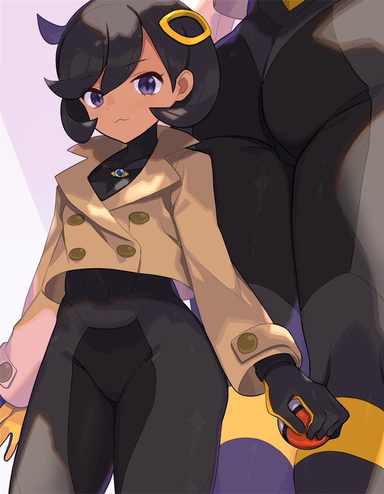 spring2013, emma (pokemon), nintendo, pokemon, pokemon legends: z-a, 1girl, :3, ass, black bodysuit, black gloves, black hair, bodysuit, bodysuit under clothes, breasts, brown jacket, closed mouth, dark-skinned female, dark skin, gloves, hair ornament, holding, holding poke ball, jacket, looking at viewer, poke ball, poke ball (basic), purple eyes, short hair, smile
