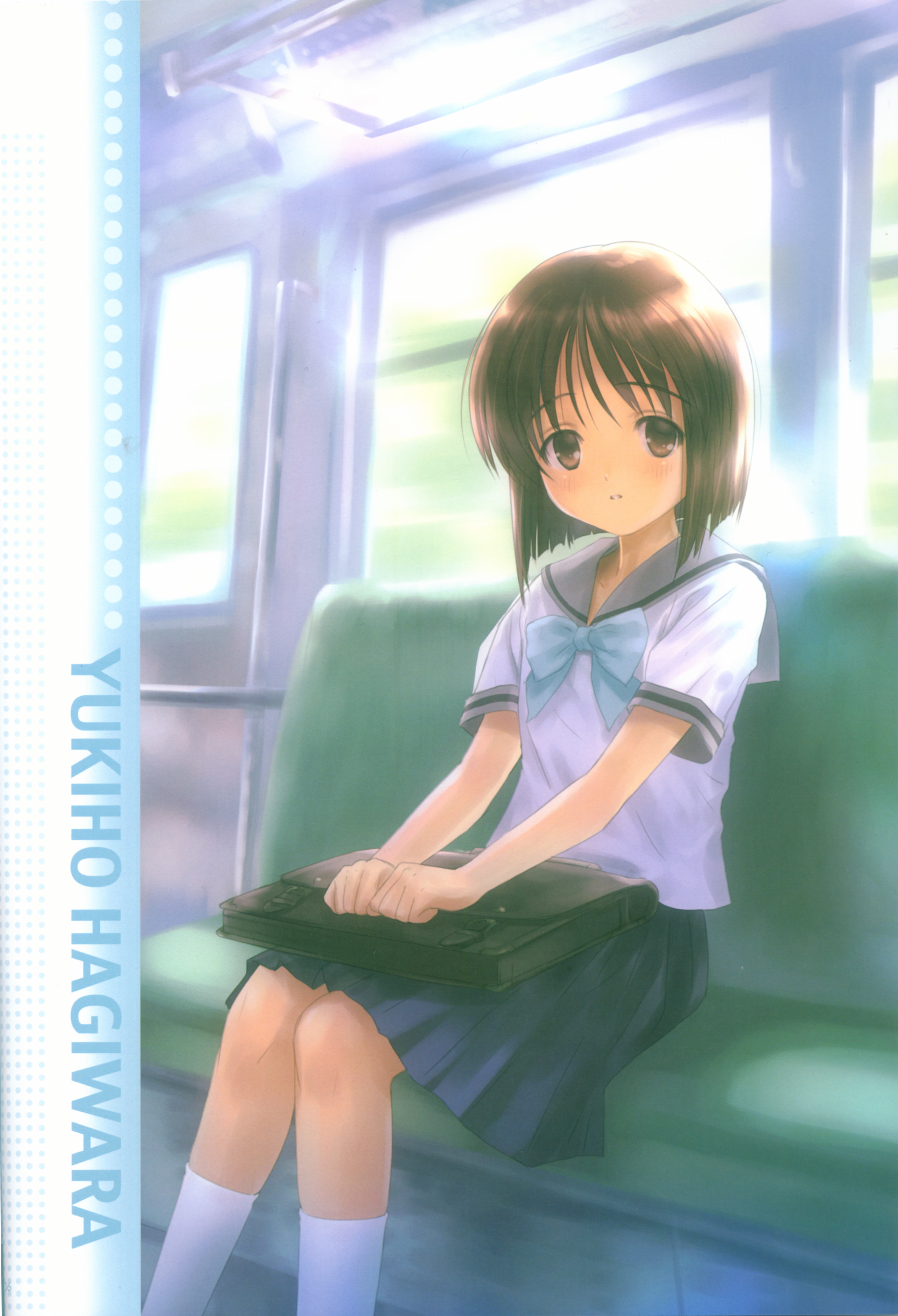 goto p, hagiwara yukiho, idolmaster, idolmaster (classic), idolmaster 1, white legwear, absurdres, highres, 00s, bob cut, briefcase, character name, day, loli, school briefcase, school uniform, sitting, solo