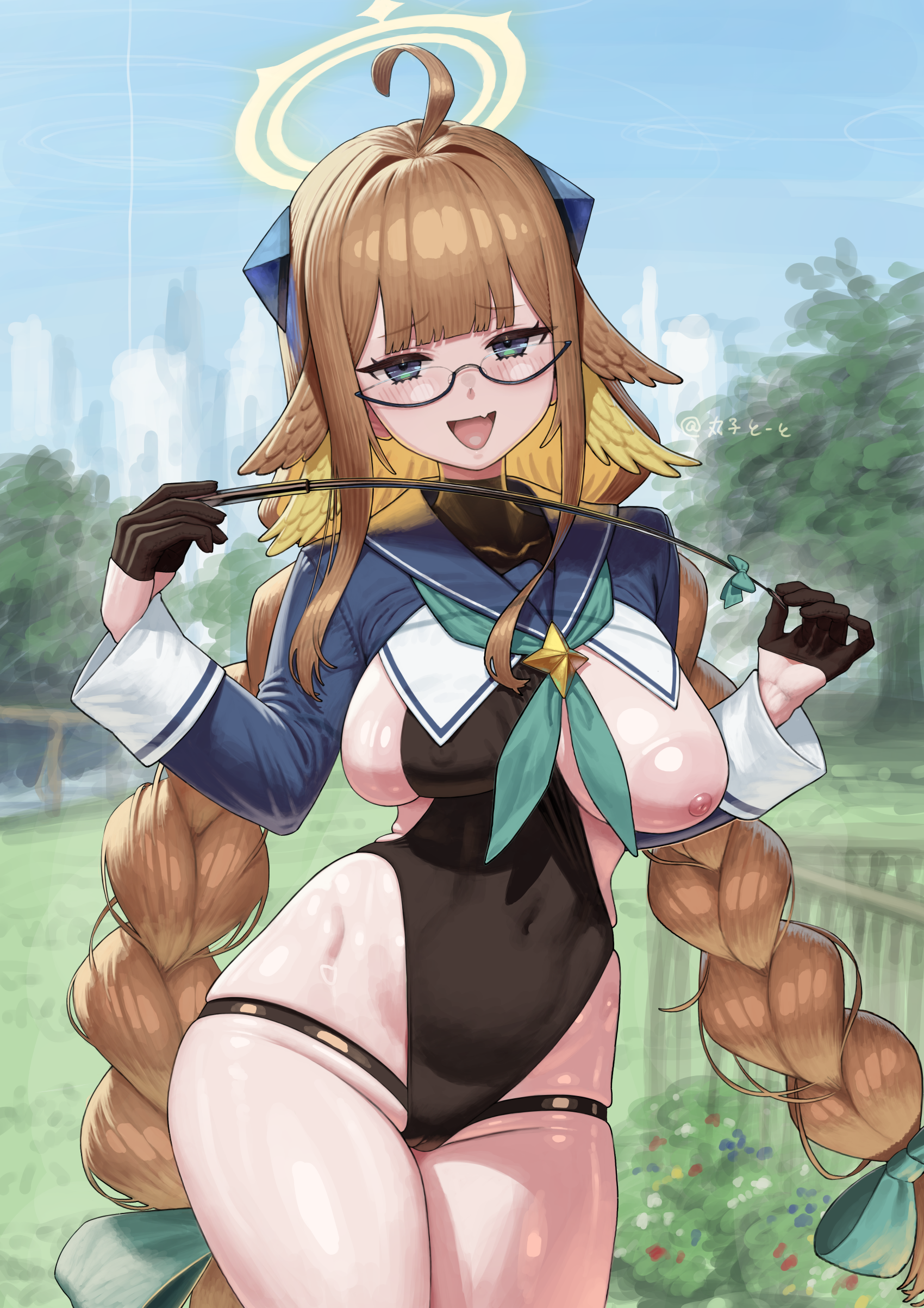 maruko tooto, shimiko (blue archive), shimiko (magical) (blue archive), blue archive, absurdres, highres, variant set, 1girl, ahoge, areola slip, black gloves, black leotard, blue eyes, blue shrug, blush, braid, breasts, cameltoe, covered navel, feather hair, glasses, gloves, half gloves, halo, highleg, highleg leotard, large breasts, leotard, long hair, long sleeves, looking at viewer, low twin braids, nipples, one breast out, open mouth, orange hair, riding crop, shrug (clothing), smile, solo, twin braids, very long hair