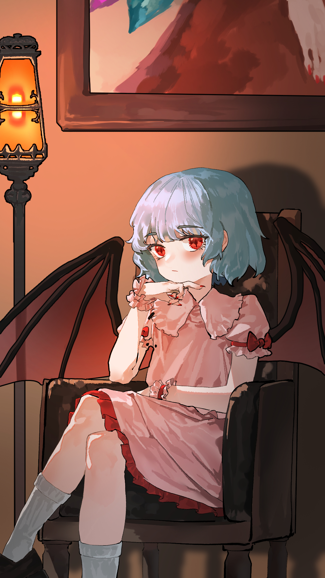 flandre scarlet, remilia scarlet, touhou, commentary, highres, 1girl, :/, bat wings, blue hair, blush, chair, crossed legs, dress, feet out of frame, fingernails, frilled sleeves, frilled wristband, frills, indoors, kori (pixiv 27692799), lantern, looking at viewer, nail polish, on chair, out of frame, photo (object), pink dress, red eyes, red nails, short hair, short sleeves, sitting, slit pupils, socks, solo, white socks, wings
