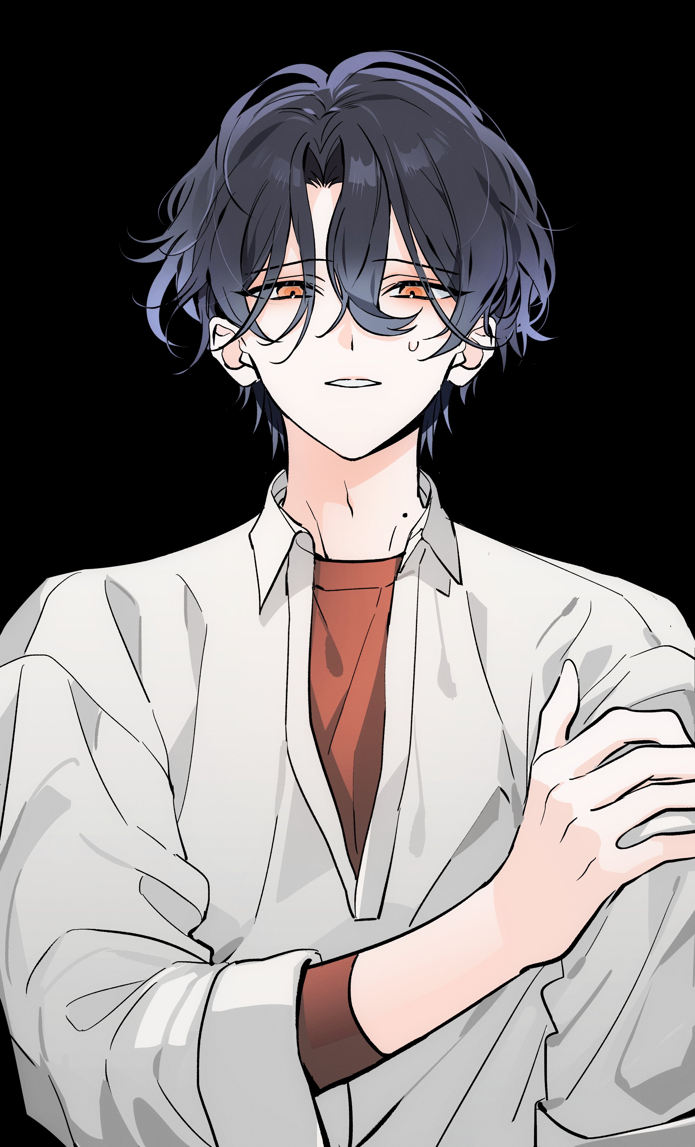 eichi turnr, ensemble stars!, absurdres, highres, 1boy, black background, black hair, collared shirt, hand on own arm, looking at viewer, male focus, mole, mole on neck, nervous sweating, orange eyes, parted lips, shirt, short hair, solo, sweat, three-quarter sleeves, tsuzura chitose, upper body, white shirt