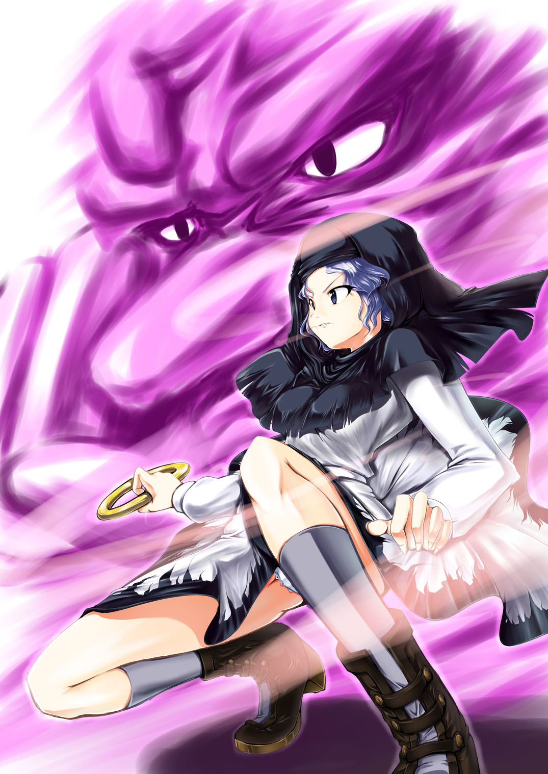 wakanita, kumoi ichirin, unzan, touhou, highres, 1boy, 1girl, blue eyes, blue hair, boots, cloud, hood