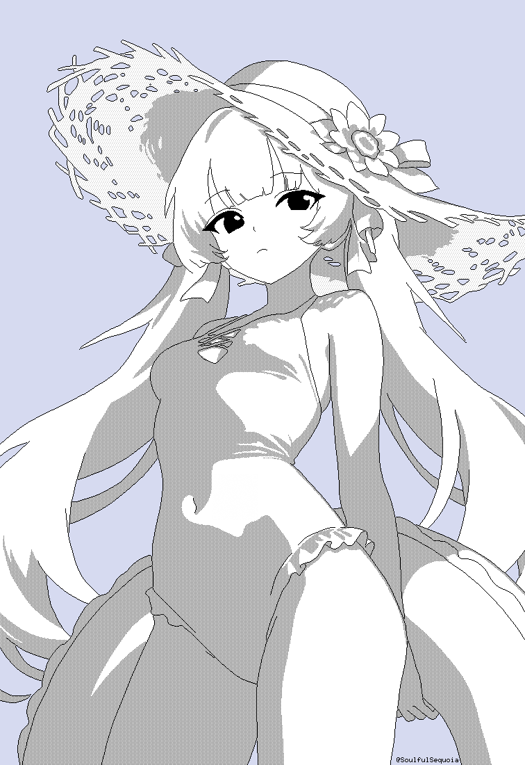 soulfull sequoia, original, 1girl, arms behind back, blue background, blunt bangs, bow, breasts, cowboy shot, double-parted bangs, flower, frilled one-piece swimsuit, frills, hair bow, hat, hat flower, hat ornament, hat ribbon, holding, holding swim ring, innertube, light frown, lineart, long hair, looking at viewer, medium breasts, monochrome, one-piece swimsuit, pixel art, ribbon, simple background, solo, standing, straw hat, swim ring, swimsuit, twintails, twitter username