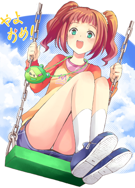 kitagawa unagi, takatsuki yayoi, idolmaster, idolmaster (classic), idolmaster 1, 00s, 1girl, female focus, on swing, outdoors, panties, pantyshot, raglan sleeves, sitting, sky, solo, swing, twintails, underwear, upskirt