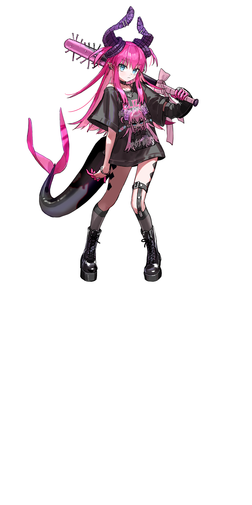 wada arco, elizabeth bathory (fate), fate/grand order, fate (series), highres, official art, third-party source, 1girl, baseball bat, black boots, black shirt, black shoes, blue eyes, body markings, boots, bracelet, choker, colored fingertips, dragon girl, dragon horns, dragon tail, earrings, elizabeth bathory (perfect) (fate), full body, holding, holding weapon, horns, jewelry, kneehighs, legwear garter, long hair, long shirt, looking at viewer, multiple earrings, nail (hardware), nail bat, necklace, pink hair, pointy ears, print shirt, ribbon, ring, shirt, shoes, single legwear garter, socks, solo, standing, streetwear, t-shirt, tachi-e, tail, transparent background, two side up, very long hair, weapon