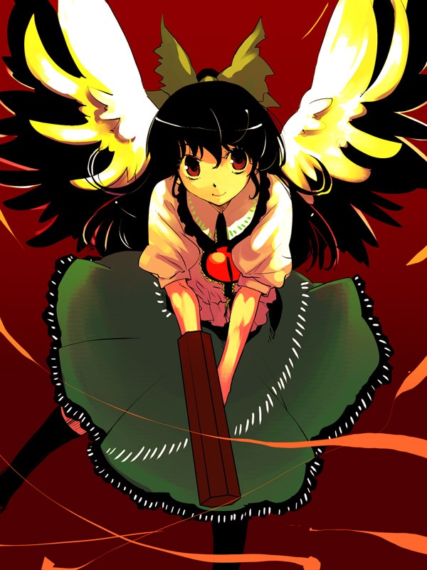 yuu (kfc), reiuji utsuho, touhou, 1girl, arm cannon, black hair, black socks, blouse, bow, female focus, hair bow, kneehighs, long hair, red background, red eyes, shirt, simple background, skirt, smile, socks, solo, third eye, weapon, wings