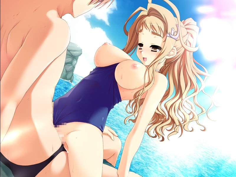 sasaki tamaru, celestine rokoko, wizard's climber, game cg, 1girl, antenna hair, arm support, beach, between breasts, blonde hair, blush, breasts, butt crack, censored, clothed sex, clothes between breasts, clothing aside, cloud, cowgirl position, day, dutch angle, girl on top, hair ornament, hairclip, happy sex, hetero, large breasts, long hair, mosaic censoring, nipples, ocean, one-piece swimsuit, penis, ponytail, pussy, school swimsuit, sex, sitting, sky, smile, solo focus, straddling, swimsuit, swimsuit aside, upright straddle, vaginal, water, wavy hair, wet, yellow eyes