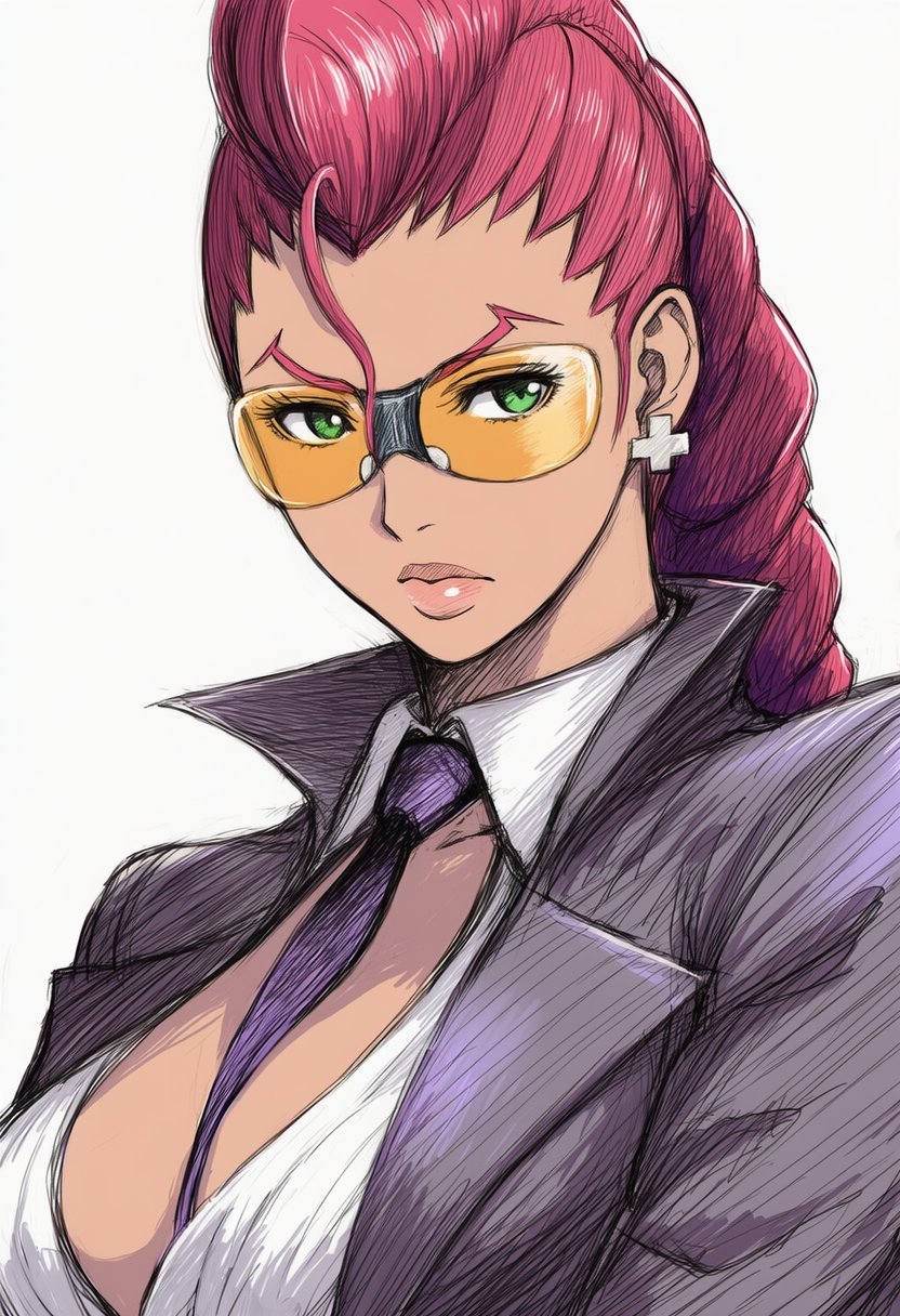 jaydamon, crimson viper, street fighter, ai-assisted, highres, 1girl, between breasts, black jacket, braid, braided ponytail, breasts, closed mouth, collared shirt, earrings, green eyes, jacket, jewelry, large breasts, lips, looking at viewer, necktie, necktie between breasts, pompadour, purple necktie, safety glasses, shirt, solo, tinted eyewear, upper body, white background, white shirt, yellow-tinted eyewear