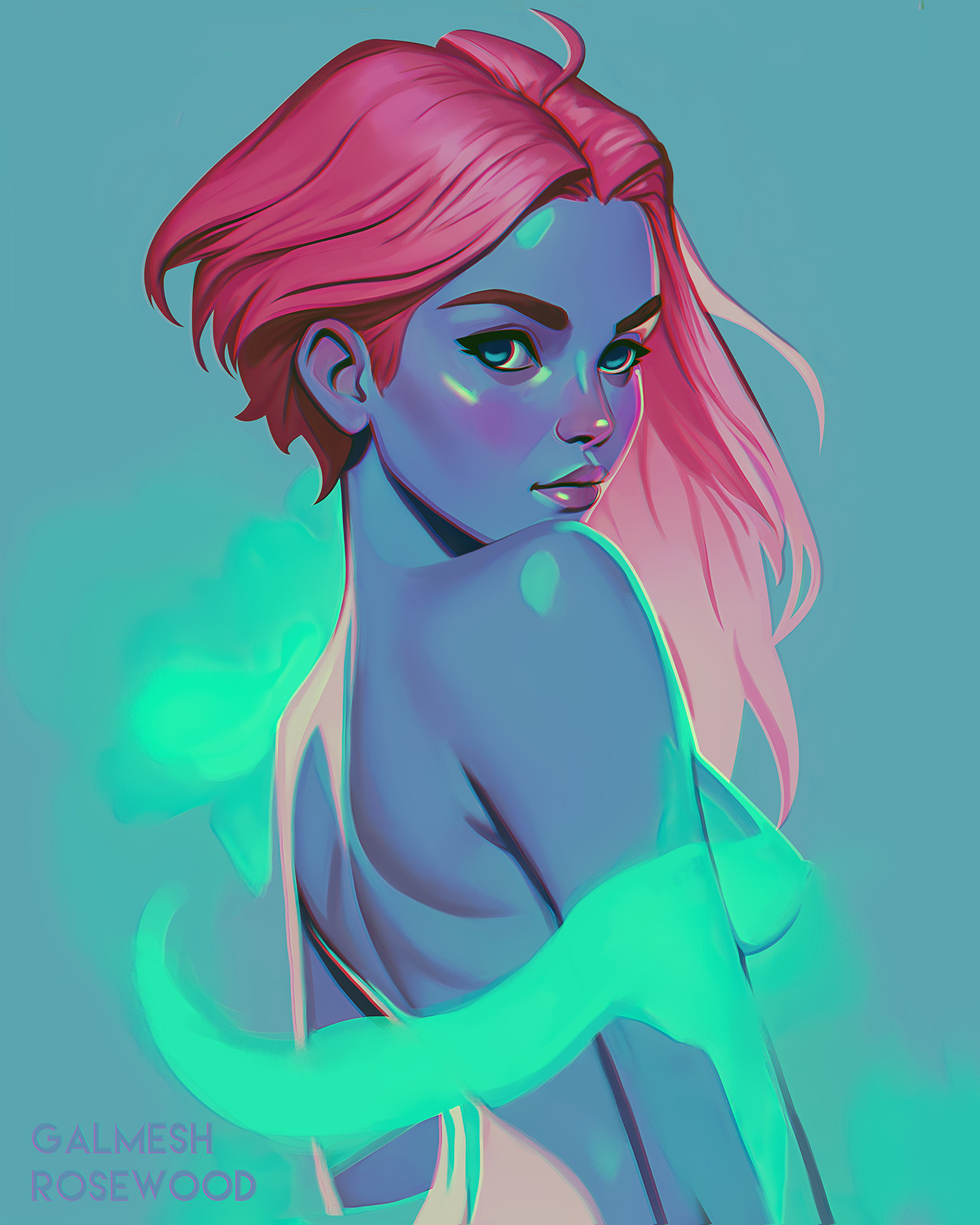galmesh rosewood, original, commentary, english commentary, highres, 1girl, artist name, blue background, blue eyes, blue theme, blush, breasts, closed mouth, long hair, medium breasts, nipples, pink hair, simple background, solo, topless female