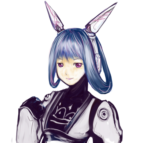 vivienne, vivienne (phantasy star), alfa system, phantasy star, phantasy star portable, phantasy star universe, sega, lowres, 1girl, android, blue hair, female focus, hair rings, light smile, looking at viewer, purple eyes, red eyes, robot ears, simple background, sketch, smile, solo, upper body, white background