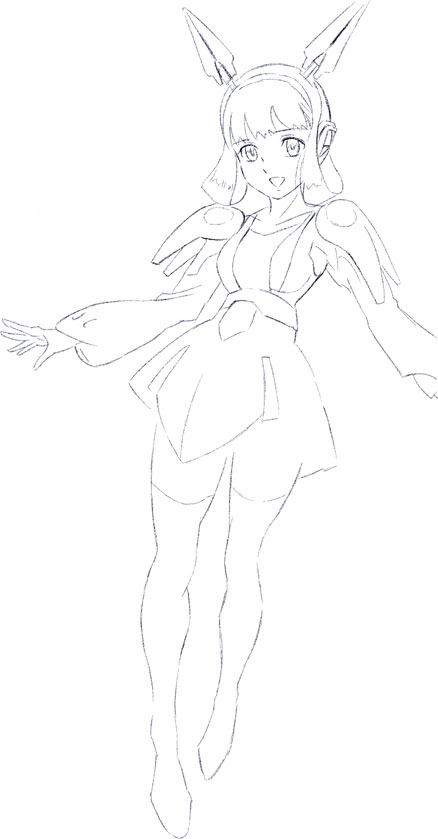 vivienne, vivienne (phantasy star), alfa system, phantasy star, phantasy star portable, phantasy star universe, 1girl, :d, android, armor, female focus, greyscale, hair rings, hairband, long sleeves, looking at viewer, monochrome, no shoes, open mouth, robot ears, skirt, smile, solo, thighhighs, white background, white theme, wide sleeves, zettai ryouiki