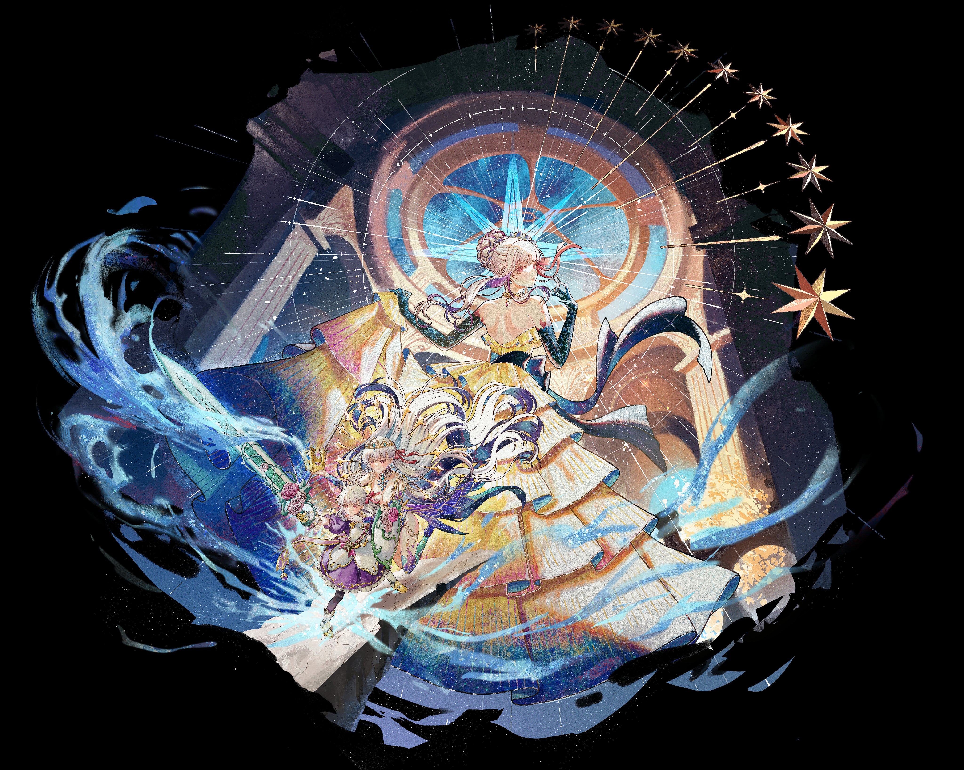 kama (adult) (fate), kama (celebratory attire) (fate), kama (event portrait) (fate), kama (exhibition attire) (fate), kama (fate), kama (first ascension) (fate), kama (third ascension) (fate), kama (young) (fate), fate/grand order, fate (series), absurdres, highres, 3girls, back, back focus, bare shoulders, blue fire, blue hands, colored extremities, colored inner hair, crown, dress, earrings, fire, flower, gown, hair bun, hair flower, hair ornament, hair ribbon, jewelry, long hair, looking at viewer, lotus, maejax, multicolored hair, multiple girls, necklace, purple dress, red eyes, ribbon, sash, star (sky), starry hair, starry sky background, sword, tiara, two-tone dress, weapon, white hair, yellow dress