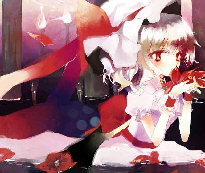 prino hawell, remilia scarlet, touhou, silver hair, bad id, bad pixiv id, 1girl, female focus, flower, red eyes, solo, water